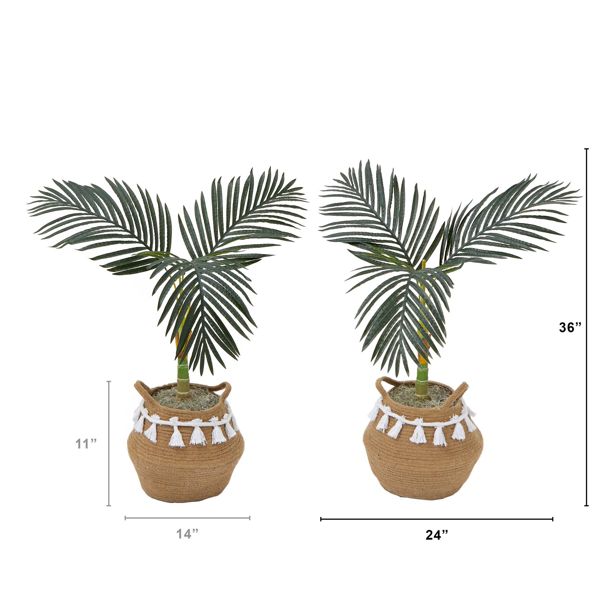 3ft. Artificial Golden Cane Palm Tree with Handmade Jute & Cotton Basket with Tassels